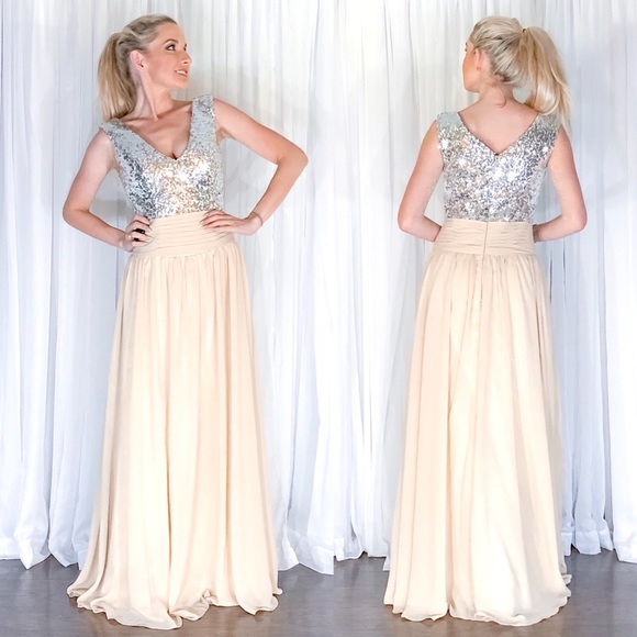Passport Confessional Boutique Dresses & Skirts - Cream Silver Sequin Boho Glam Prom Pageant Dress